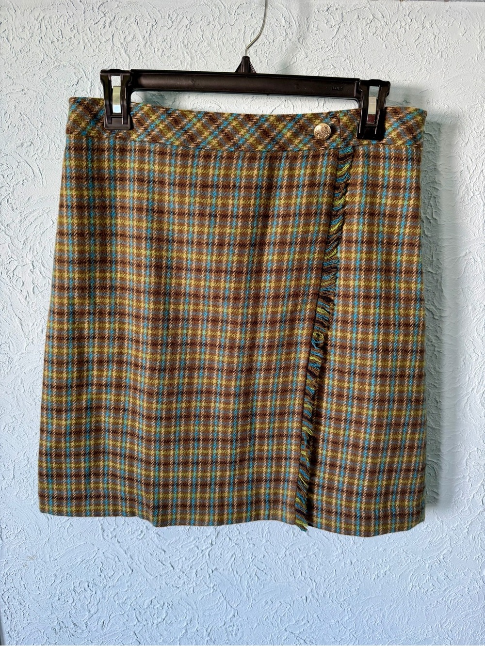 Talbots Brown and Teal Plaid Tweed Wrap Mini Skirt